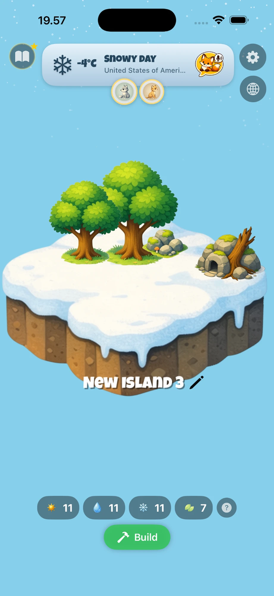 Animal Island AI — the same island under real snowy weather
