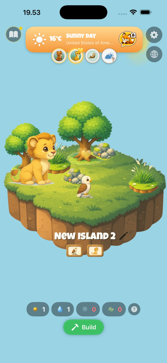 Animal Island AI — a sunny island with a lion and an owl visiting